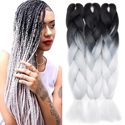 Afbeelding van TESS 24 inch vlechten, extensions, kunsthaar, crochet jumbovlechten, synthetisch, ombre, 1 stuk, 100 g/bundel 60 cm, wit/zwart
