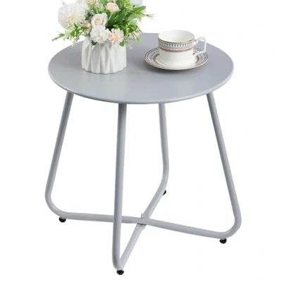 Afbeelding van HollyHOME Patio bijzettafel salontafel voor buiten, ronde tuintafel, kleine bijzettafel, metalen tafel woonkamer, tuin, terras, balkon, grijs