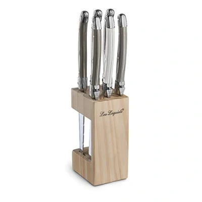 Afbeelding van Lou Laguiole Tradition 6 Steakmessen + Messenblok Peper/Parel/Taupe