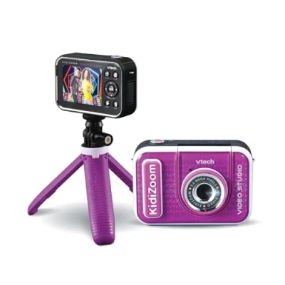Afbeelding van VTech KidiZoom Video Studio HD paars, digitale camera voor kinderen, foto, selfie, video, kleurendisplay met statief en groene achtergrond, cadeau kinderen van 5 jaar tot 12 inhoud in