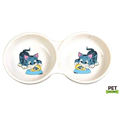 Afbeelding van TRIXIE VOERBAK / WATERBAK DUBBEL STRIPKAT MET BAK KERAMIEK WIT