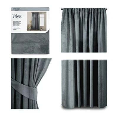 Afbeelding van AmeliaHome Velours optiek gordijn 140 x 245 cm antraciet 1 stuk verduisteringsgordijn raamdecoratie licht glinsterend