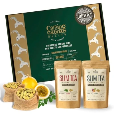 Afbeelding van SLIM TEA Geschenkset voor ochtendthee + nachtinfusie Afslankthee met platte buik effect Diuretisch en vochtafdrijvend Groene thee, maté, guarana, paardenbloem, gember, kardemom, losse