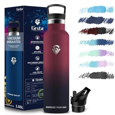 Afbeelding van Grsta Sportfles, 1 liter, roestvrij staal, lekvrij, sportfles met rietje, thermosfles, BPA vrij, voor fitness, outdoor, fitnessstudio, sport