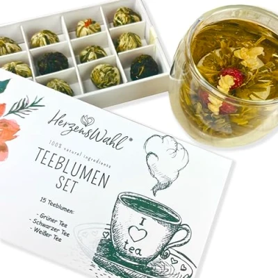 Afbeelding van HerzensWahl Theebloemen cadeauset 15 witte theebloemen, groene thee en zwarte in een theedoos theebloemenproeverij set voor theeliefhebbers met geschenkdoos