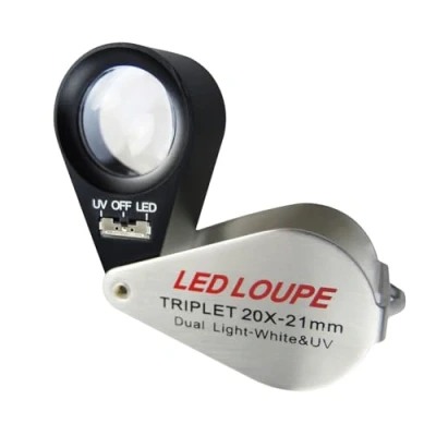 Image de Loupe de bijoutier 20x en métal illuminée avec boucle pliable lumière UV et LED brillante pour bijoux, pierres diamantées, pièces monnaie