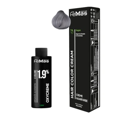 Afbeelding van Femmas Gray I Hair Color Cream Permanente haarkleurset 100 ml + zuurstofcrème 1,9% haarkleur ontwikkelaar Zacht en duurzaam Salon haarverf