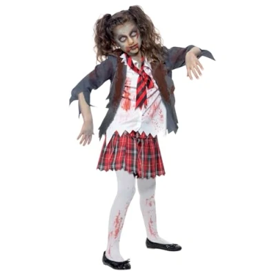 Afbeelding van Smiffys Zombie schoolmeisjeskostuum, Grijs, met rok, jas, nep overhemd en stropdas, kinderen, 43025L, maat L