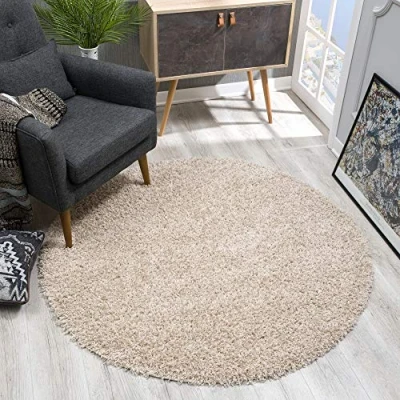 Image de SANAT Tapis rond, à poils longs, beige, moderne, pour salon, chambre coucher, salle manger ou d&#039;enfant, dimensions : 80 x cm