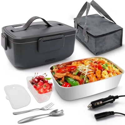 Afbeelding van Azyvum Boîte à déjeuner électrique 2 l 80 W, 12 V/24 V/220 V, grand chauffe plats chauffant, portable, avec sac, fourchette et cuillère en acier inoxydable, pour voiture, camion, bureau, maison
