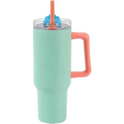 Afbeelding van I Drink Thermofles drinkbeker 1 200 ml roestvrijstaal met rietje en reinigingsborstel groen nieuw