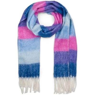 Afbeelding van styleBREAKER Dames geweven gebreide sjaal met brede Kleurrijke strepen en dikke franjes warme wintersjaal 01017160, donkerblauw/paars/roze/blauw