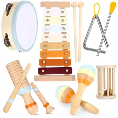 Afbeelding van Exyvox Muziekinstrument voor baby&#039;s, muziekbatterijen en percussie, Montessori speelgoed met xylofoon, trommeltrompet, Maracas, houten kinderen, 1, 2, 3, 4, 5 jaar