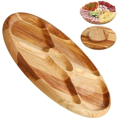 Afbeelding van KADAX Dienblad, draaiplateau van natuurlijk hout, diameter 33,5 cm, met vakken, serveerbord voor chips en sauzen, snackbord het serveren gerechten
