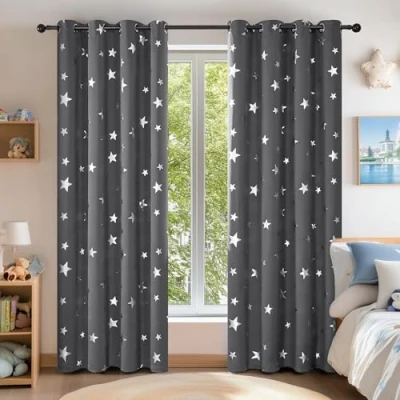 Afbeelding van Deconovo Set van 2 Oogjes Gordijnen Woonkamer Verduisteringsgordijn Grote Sterpatroon Zilver Thermische Isolatie Anti Koude 117 x 138 cm Donkergrijs