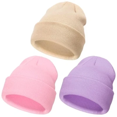 Afbeelding van DRESHOW Wintermuts voor kinderen, uniseks, zacht, gebreid, baby&#039;s, jongens, meisjes, warme muts 3 maanden 6 jaar, stuks hoeden: beige/roze/lichtpaars