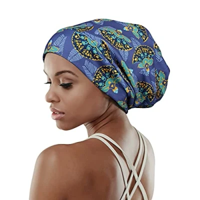 Afbeelding van FocusCare Satin Lined Sleep Slouchy Cap Curly Girl Slap Headwear Geschenken voor Krullend Haar Vrouwen, Blauw/Groen