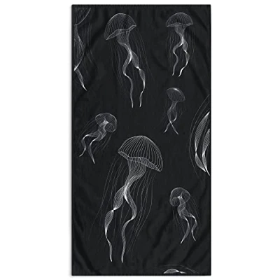 Image de DecoKing Grande Serviette de Plage en 100% Coton, 90 x 180 cm, Double Face, Couverture Absorbante, Drap Bain, Bleu Foncé, Jellyfish