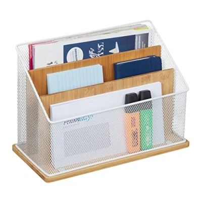 Afbeelding van Relaxdays brievenbak met 3 vakken bureau organizer sorteerbak brieven bamboe metaal