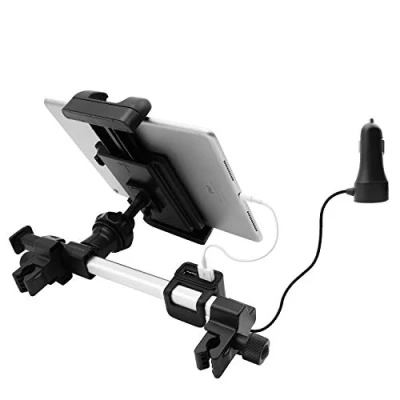 Afbeelding van Macally HRMOUNTPRO4UAC Dubbele modus hoofdsteunhouder met USB oplader voor autostoel en achter, iPad andere tablets, Nintendo Switch enz
