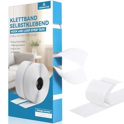 Afbeelding van HOMMAND klittenband, dubbelzijdig, extra sterk, zelfklevend, sterke plakband, haaklussen voor huishouden, knutselen en handwerk, 30 mm x 5 m