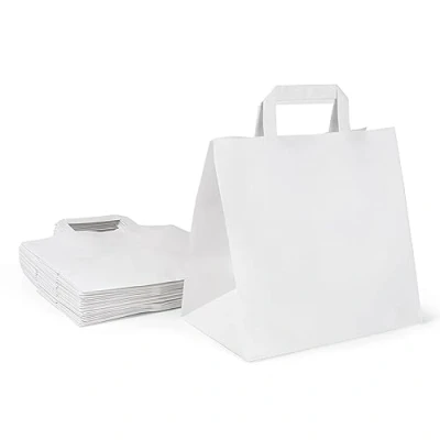 Afbeelding van Inoverse 250 papieren zakken, 32 + 12 x 40 cm, met hengsels, kraftpapier, wit, om te winkelen, groot
