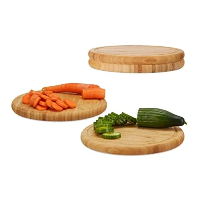 Afbeelding van Relaxdays ontbijtplanken set 25 cm bamboe natuurlijke keukenplank serveerplank rond Pak van 4