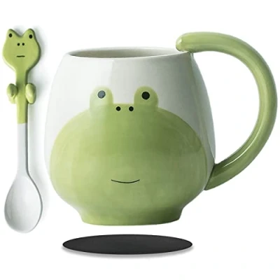 Afbeelding van grappige kop, leuke Koffiekopje, kikker, grote theekopje, keramiek met lepel en onderzetter, 420 ml, espresso kopjes, cappuccino cadeau