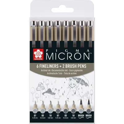 Afbeelding van Fineliner en brushpen Sakura Pigma Micron koudgrijs set à 8 stuks assorti