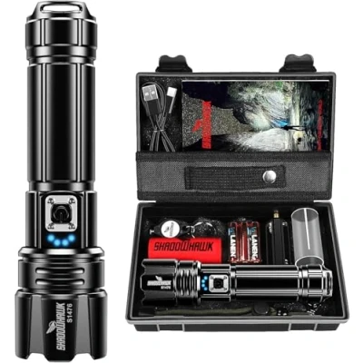 Afbeelding van Shadowhawk Led zaklamp, 500.000 lumen, extreem helder, USB oplaadbaar, tactische zaklamp met XHP70.2 hoes, IP67 waterdicht, 5 verlichtingsmodi voor kamperen, wandelen