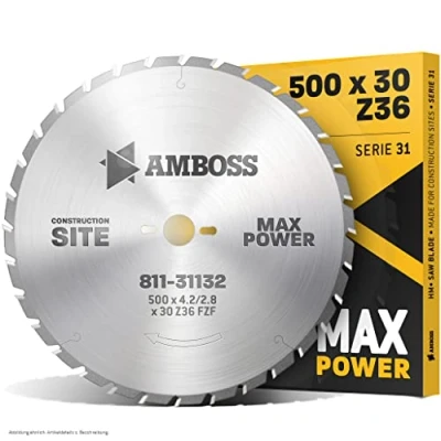 Afbeelding van AMBOSS HM zaagblad, nagelbestendig, diameter: 500 mm x 4,0 30 mm, voor extreem gebruik op bouwplaatsen, trapeziumvormige tanden (36 tanden), gecombineerde gaten