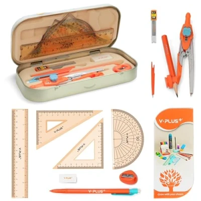 Afbeelding van YPLUS Geometrische set voor studenten, wiskunde rapporteur, kompas met linialen, protactordoos klaslokaal en schoolbenodigdheden, 12 stuks
