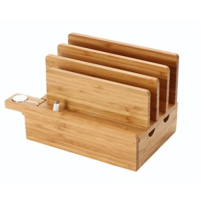 Afbeelding van iCozzier Bamboo Watch Stand, laadstation voor meerdere apparaten en houder snoerorganizer, dockingstation smartphones, tablets laptops