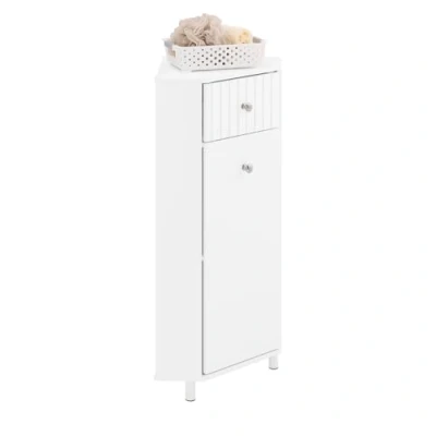 Afbeelding van SoBuy BZR194 W Hoekopbergkast voor badkamer, opbergkast, smal, 1 lade en deur, wit, 44 x 31 80 cm, bevestiging aan vloer of muur