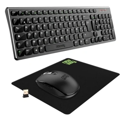 Afbeelding van NEWWAY RF02 draadloos toetsenbord met mat Frans (AZERTY) 105 toetsen 13 multimedia sneltoetsen wifi muis 2,4 GHz 6 compacte USB ontvanger zwart