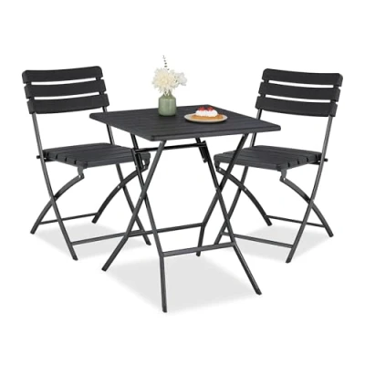Afbeelding van Relaxdays balkonset 3 delig bistroset kunststof &amp; staal 2 persoons houtlook zwart