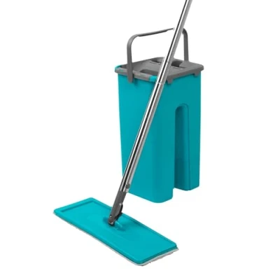 Image de Beldray Antibac LA067234UFEU Serpillère plate et seau Égouttoir intégré, grattoir pour éliminer la saleté, tête fine, compacte, carrelage, stratifié, sol en bois