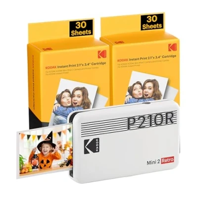 Image de KODAK Mini 2 Retro Imprimante Photo Mobile pour Smartphone (iPhone &amp; Android), 5,4 x 8,6 cm, Bluetooth, Portable + 68 Photos Blanc