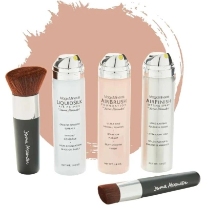 Afbeelding van Magic Minerals AirBrush Foundation 5 delige set by Jerome Alexander Bright/Light incl. 2 Kabuki kwasten, Primer en AirFinish settingspray Make up met een natuurlijke dekking