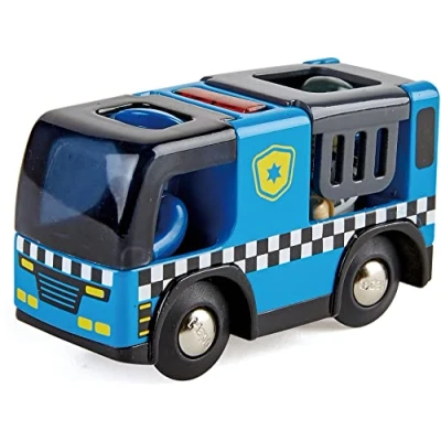 Afbeelding van Hape Politieauto voor houten treinbaan, kinderen vanaf 3 jaar, elektrisch educatief spel met figuur en sirene, rolt of zonder batterijen