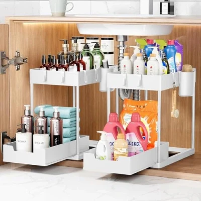 Afbeelding van Opslag onder de gootsteen, 2 etages, organizer uittrekbare lade, keukenrek, kruidenrek, multifunctionele opbergmand voor badkamer, wit, stuks