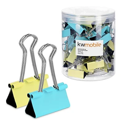 Afbeelding van kwmobile papierklemmen Set van 50 fold back clips 32 mm Medium foldback klemmen Paperclips Knijpers voor papieren Geel/Mintgroen