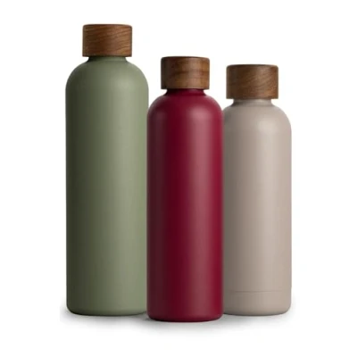 Afbeelding van Roestvrijstalen drinkfles, 750 ml, thermosfles 0,75 l met acaciahouten deksel, geïsoleerde waterfles, lekvrij bij koolzuur, bessenrood