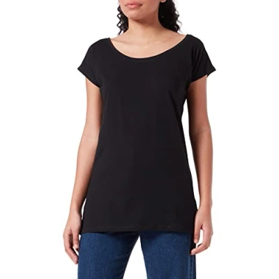 Afbeelding van Build Your Brand dames T shirt met wijde hals shirt, zwart.