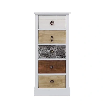 Afbeelding van Rebecca Mobili Slaapkamercommode wit/bruin/grijs, kleine opbergkast, met 5 laden, Paulownia hout, retrostijl, slaapkamer entree afmetingen: 84 x 37 27 cm (h b l) art. RE4157