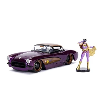 Afbeelding van Jada Toys DC Comics Bombshells Batgirl 1957 Chevy Corvette Auto Die Gietdeuren, kofferbak en kap om te openen, met figuur Bat Girl, schaal 1:24, paars/goud