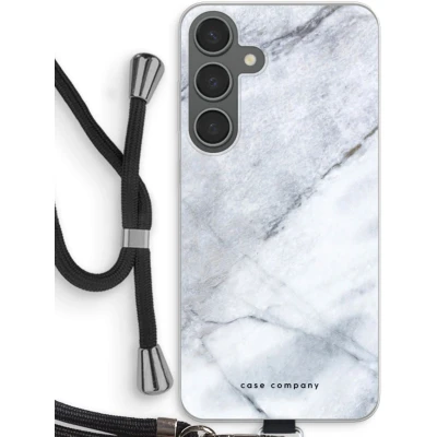 Afbeelding van Case Company® hoesje met Koord geschikt voor Samsung Galaxy S24 Plus Witte marmer Telefoonhoesje Zwart Bescherming aan alle Kanten en Over de Schermrand