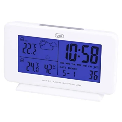 Afbeelding van Trevi ME3P08 Weerstation Binnen en Buiten Draadloos met Buitensensor Digitaal Weerbericht Radiogestuurde Klok Wekker Kalender Wit