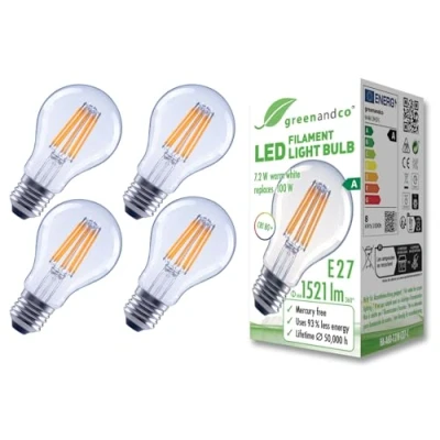 Afbeelding van greenandco 4 x transparante led filamentlampen, E27 A60, 7,2 W, 1521 lm, vervangt 100 3000 K, warmwit, 320 graden, 230 V, flikkervrij, energieklasse A, niet dimbaar