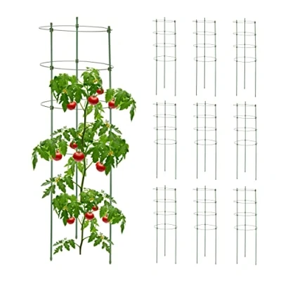 Afbeelding van Relaxdays Set van 10 plantenstokken, 90 cm hoog, plantenstandaard met 4 ringen, klimgeleiding, metaal en kunststof, groen, 90% staal, 10%